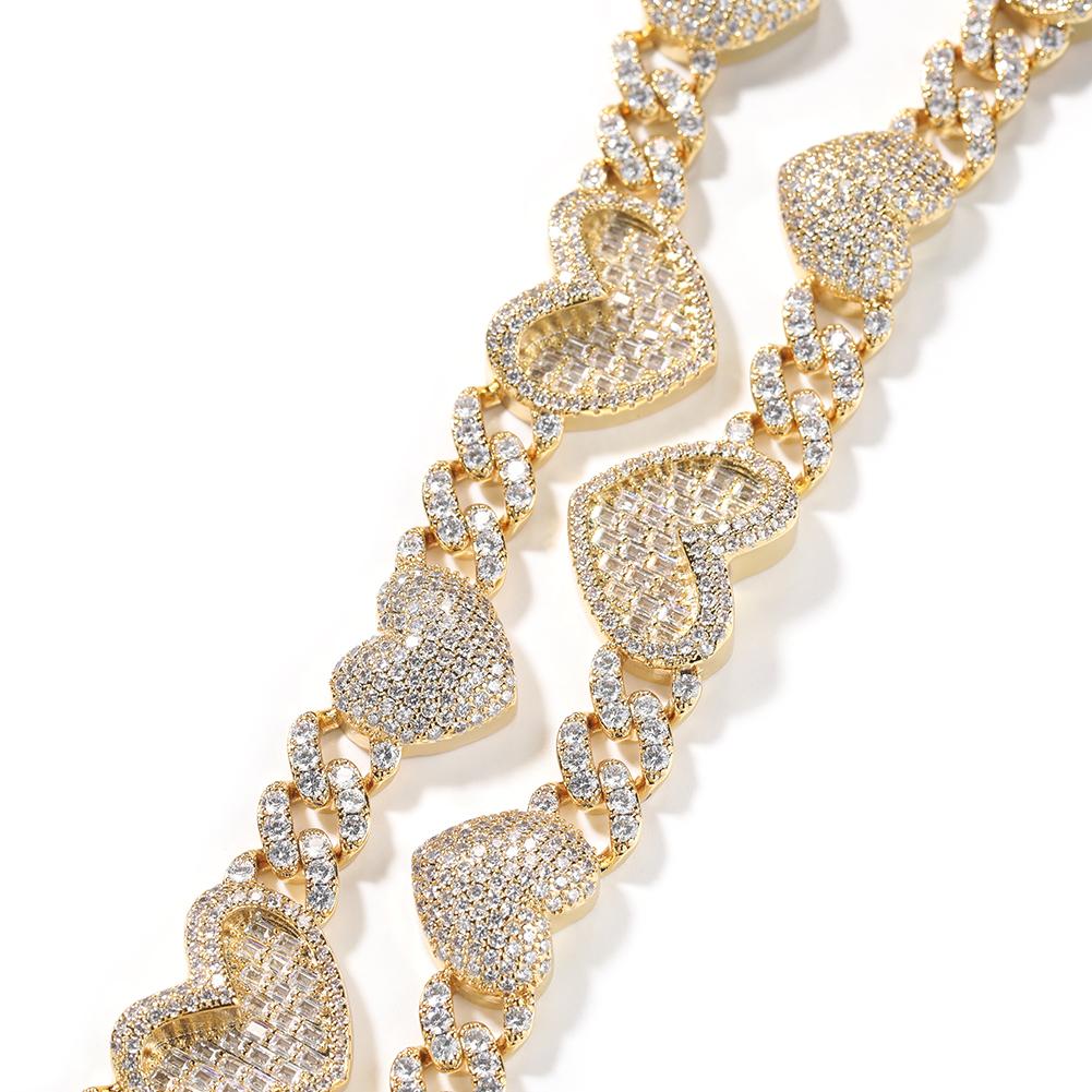 

THE BLING KING 13mm Cuban Chain Full Paved 2 Designs Heart Iced Out Bling Baguettecz Necklace Charm HipHop Jewelry 16inch choker золотий