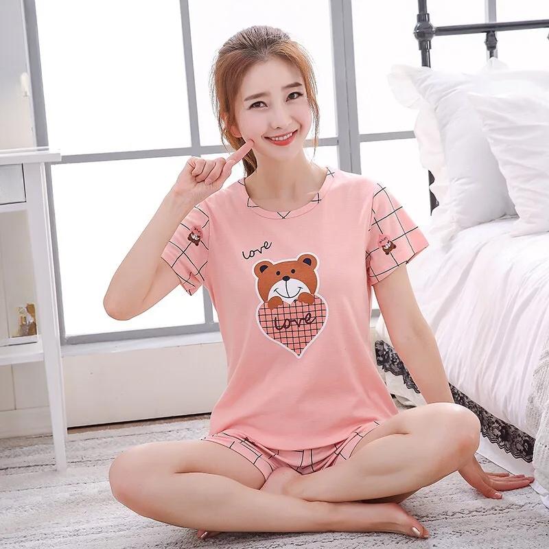 Pyjama Damen Sommer Kurzarm Shorts Übergröße Locker Cartoon Bär Rundhals Lässig Atmungsaktiv Damen Nachtwäsche Loungewear