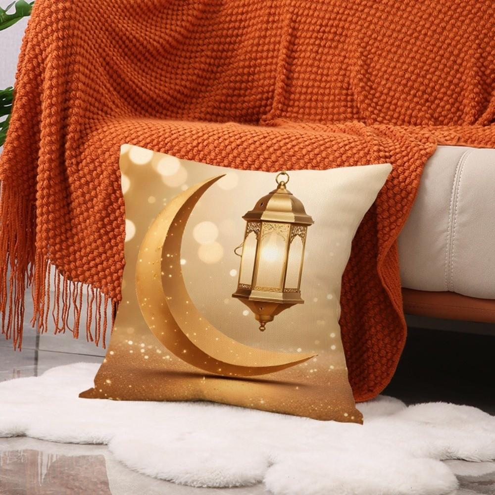 Golden Moon EID Mubarak Pillowcase Decor Oil Lamp Printed Sofa Cushion Cover 45cm Pillow Cover Islamic Party Supplies