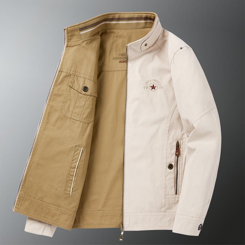 

Spring and Autumn Men s Pure Cotton Casual Jacket On Both Sides, Middle-aged Stand-up Collar Loose Large-size Men s Coat 6XL