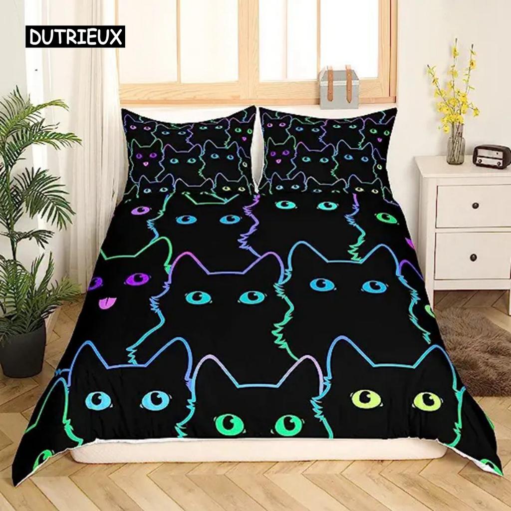 Cartoon Cats Green Duvet Cover Cute Cartoon Cats Pet Bedspread Printed Duvet Cover Set for Boys Girls for Room Decoration Gifts