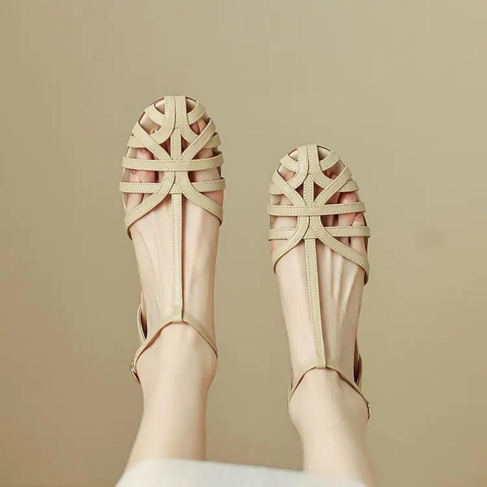 

Туфли женские сандалии женские для девочек бежевые новые летние удобные низкие ретро с плоским задником на ремешке квадратный каблук резина ПУ скандалы сплошной C 35