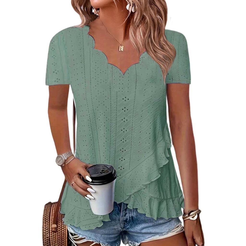 Women Summer  Top Eyelet Vacation Short Sleeve V Neck Loose Fit Shirt Spring Fashion Casual Clothes