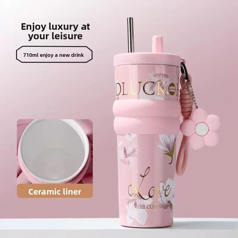 Ceramic Double Drink Coffee Cup With Handles And Straw For Office And Home Use