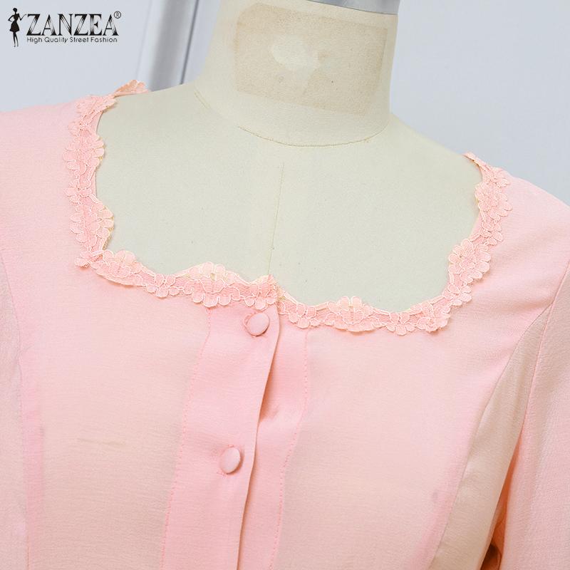 ZANZEA Women Lace Splice Square Neck Short Sleeve Casual Translucent Blouse