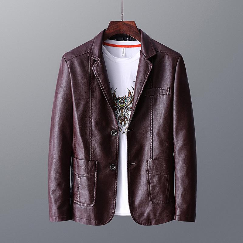 Men's Slim Fit Leather Jacket with Fleece Lining – Korean Style Lapel Suit for Autumn/Winter