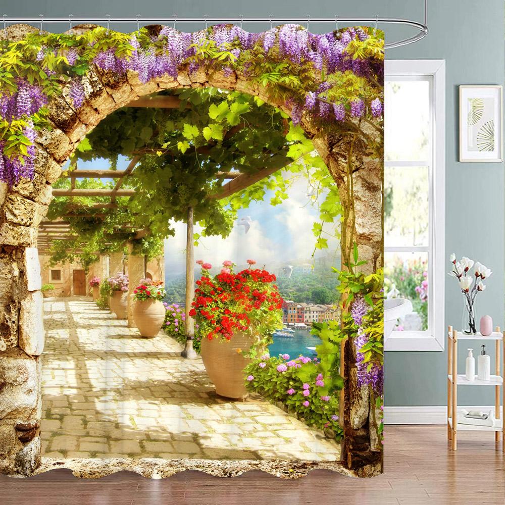 Fence Flowers Shower Curtains Blue Window Nature Floral Plants Scenery Modern Garden Wall Hanging Home Bathroom Decor With Hooks