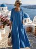 New Style Solid Color Square Neck Lace Patchwork Long Skirt Dress with Seven-Sleeves for Women