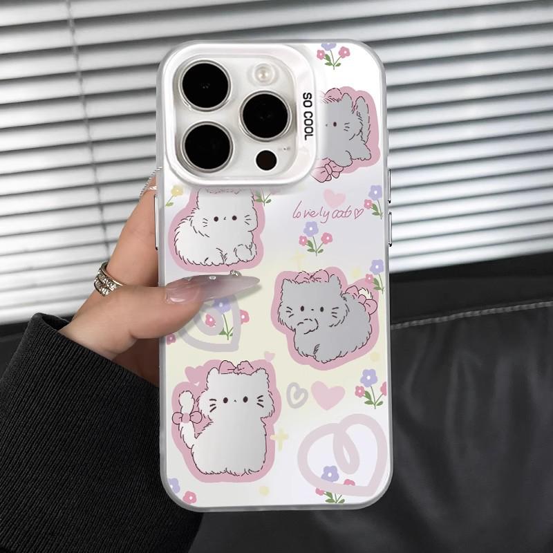 Silver Gradient Cat Phone Case for Apple 11-16 Series, Anime Design, Anti-fall Protection