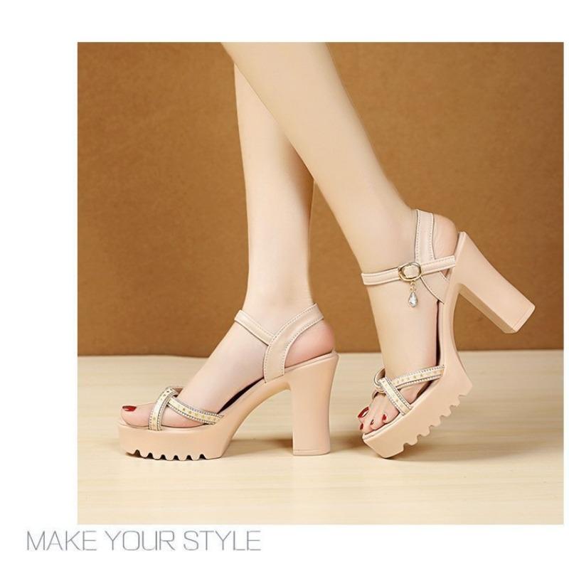 Shining Rhinestone Thick Heel High-heeled Sandals for Women's Summer New Comfortable and Simple Buckle Fashion Sandals