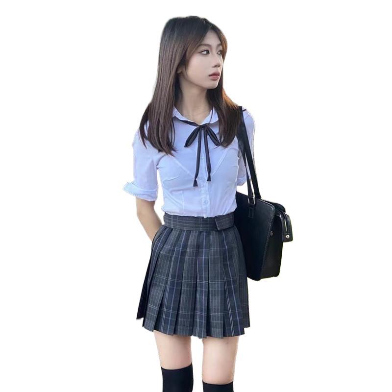 Summer Waist-Cinching Short-Sleeve Shirt & Versatile Plaid Skirt Set: Sexy & Slimming JK Style