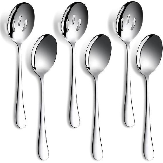 6 Pieces Serving Spoons Set, 8.7 Inch, Includes 3 Serving Spoons and 3 Slotted Spoon, Large Stainless Steel Buffet Banquet Utensils Cutlery Set for