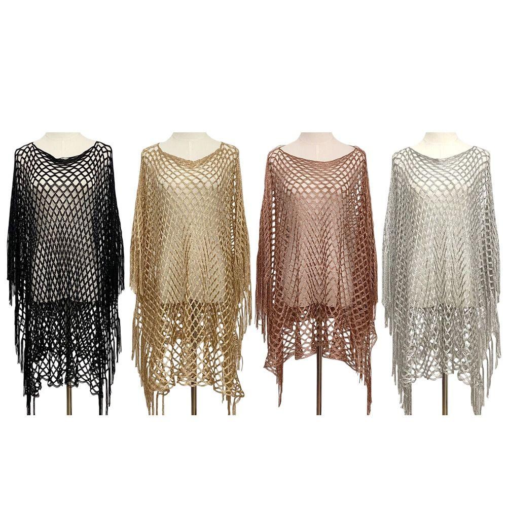 Knitted Shawl Jacket Gold Silver Wire Mesh Poncho Simple Design Cover Up  Vacation