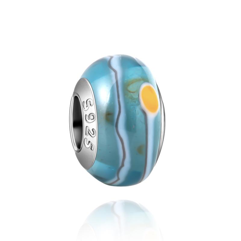  Charm Murano Vague Bleu Foncé Cuivré Coloré Compatible Bracelet Original Joli Charme Perles en Verre de Murano Fleur Rose Bijou