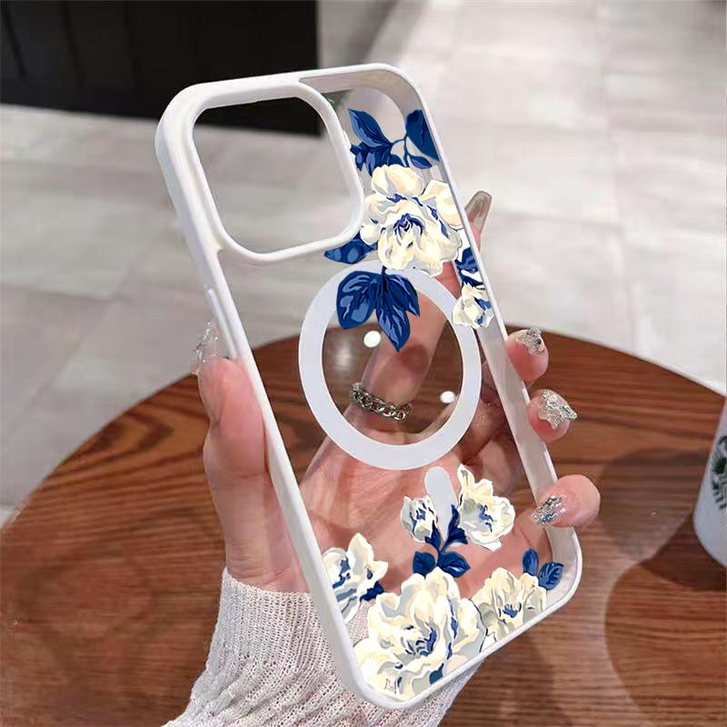For iPhone 17 16 15 14 13 12 Pro Max 15 16 Plus 17 Air 11 Night White Rose Pattern Macaron Magnetic Tramsparent Phone Case Cover