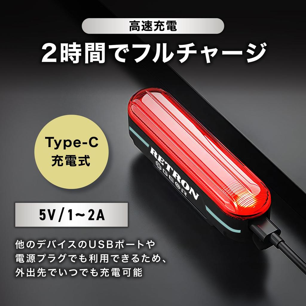 Retron Tail Light for Road Bikes, USB-C Rechargeable, Lightweight, Day and Night Use, for Hiking, Cycling, Commuting, and School