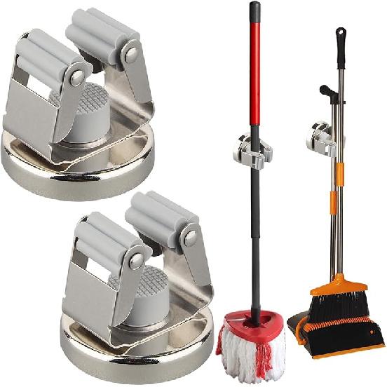 MUTUACTOR Magnetic Broom Holders,2pcs Anti-broken Heavy Duty Magnetic Clips Wall Mount,No Drilling 10lbs Magnetic Hooks Broom Mop Brackets for Work Anti-broken,Silver,2PCS