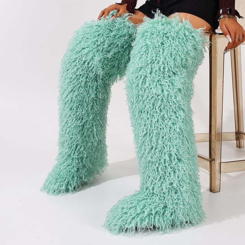 European-American 72cm Faux Tibetan Sheep Fur Thigh-High Snow Boots for Autumn & Winter