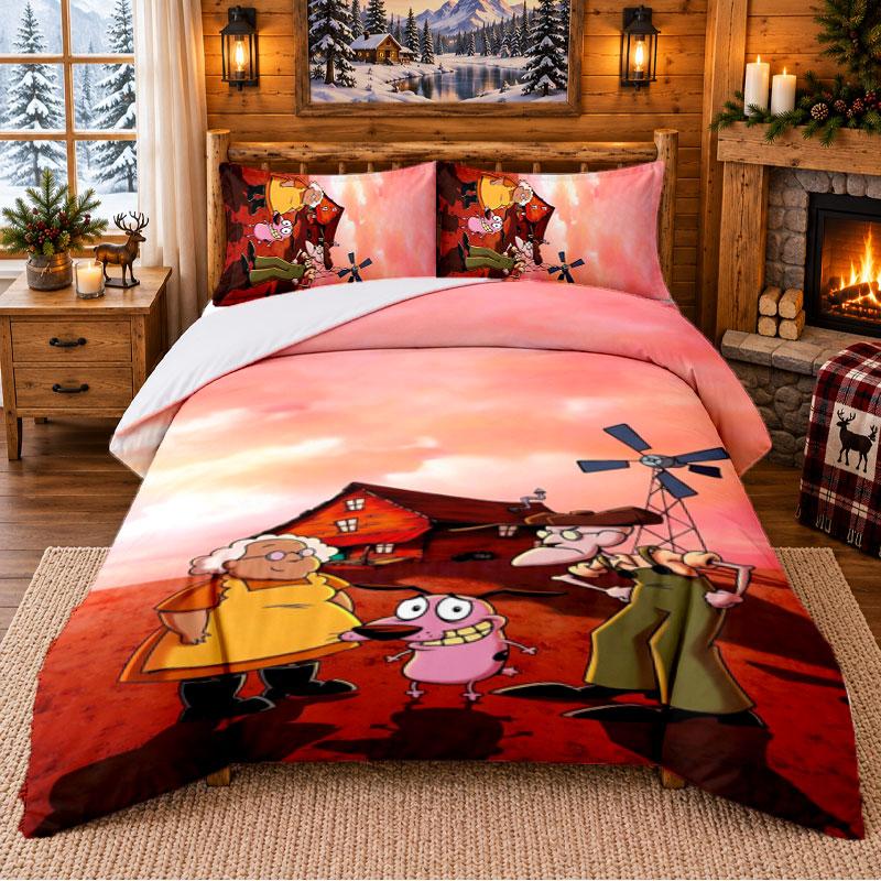 Courage the Cowardly Dog Pattern Bedding 3Pcs Set Bed Sheet And Pillowcases For Indoor Bedroom