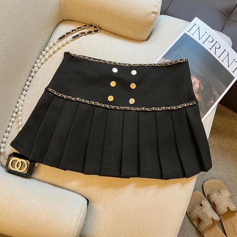 2025 A/W Plus Size High-Waisted Brown Wool Pleated A-Line Skirt Small чёрный
