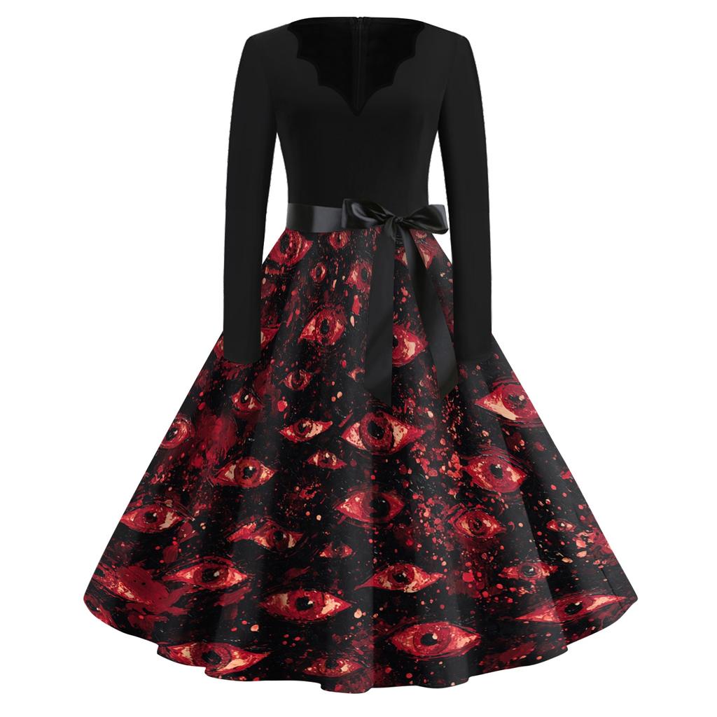 Womens Casual V Neck Halloween Print Vintage Dress Long Sleeve Retro Fit and Flare Midi Dress with Waist Tie Belt