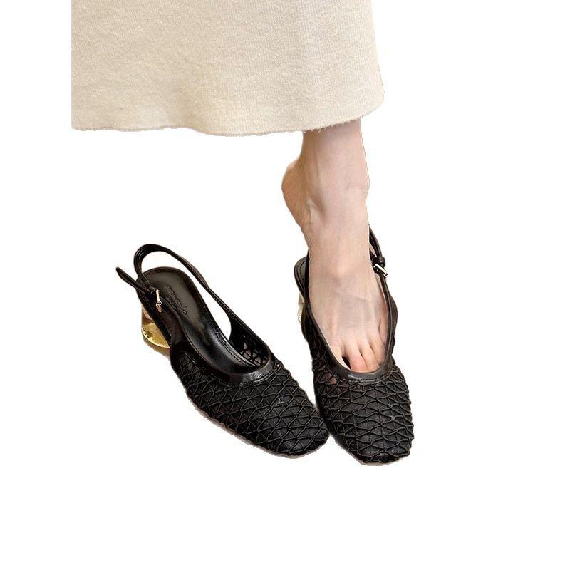 Niche Design Sense Woven Bag Head Sandals Spring New Empty Simple Mesh Thick Heel High Heels
