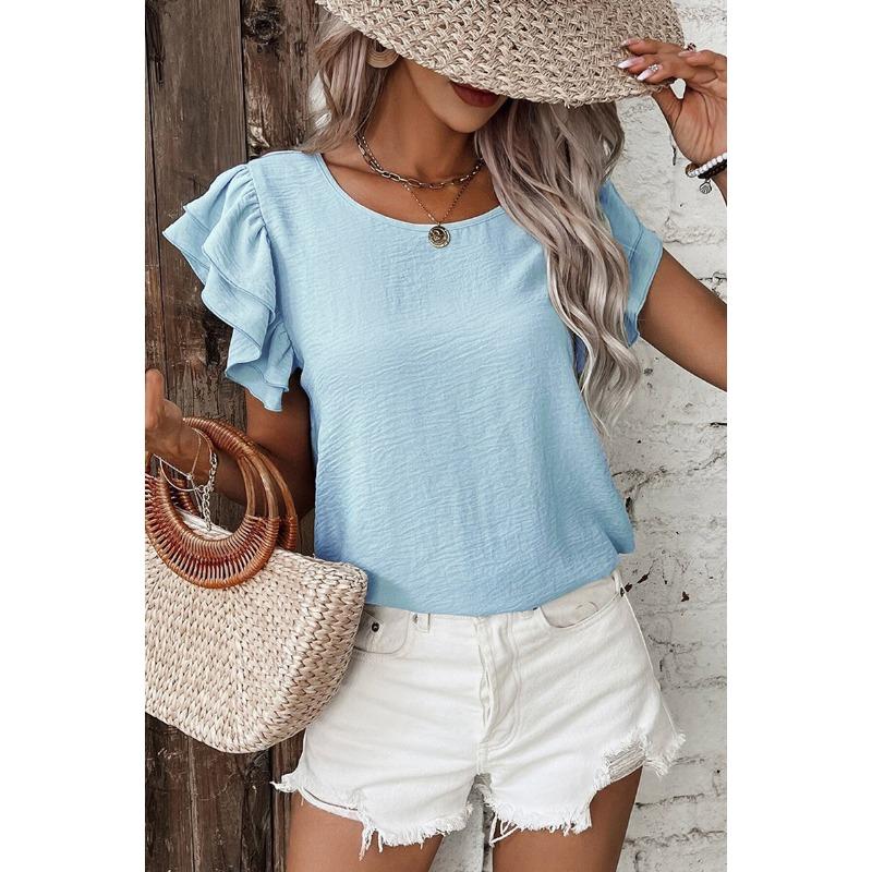 2026 Petal Sleeve Round Neck Short Sleeve T-shirt Fashion Women O Neck Summer Blouse Short Sleeve Elegant Solid Color Casual Ruffled Tops Ladies Shirt