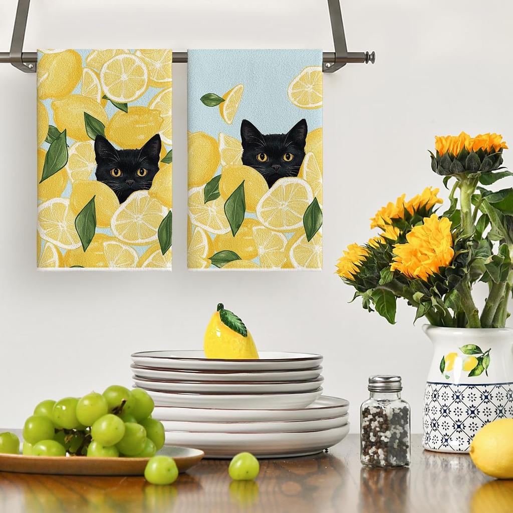 Artoid Mode Yellow Lemon Black Cat Summer Kitchen Towels Dish Towels, 18x26 Inch Leaves Farmhouse Summer Seasonal Decoration Hand Towels Set of 2