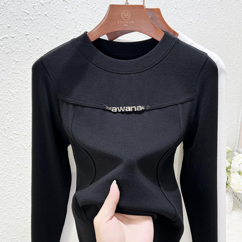 

Весенне-осенняя новая футболка с круглым вырезом, женская внутренняя теплая с длинным рукавом, женский внешний топ из искусственного кашемира XXXL чёрный