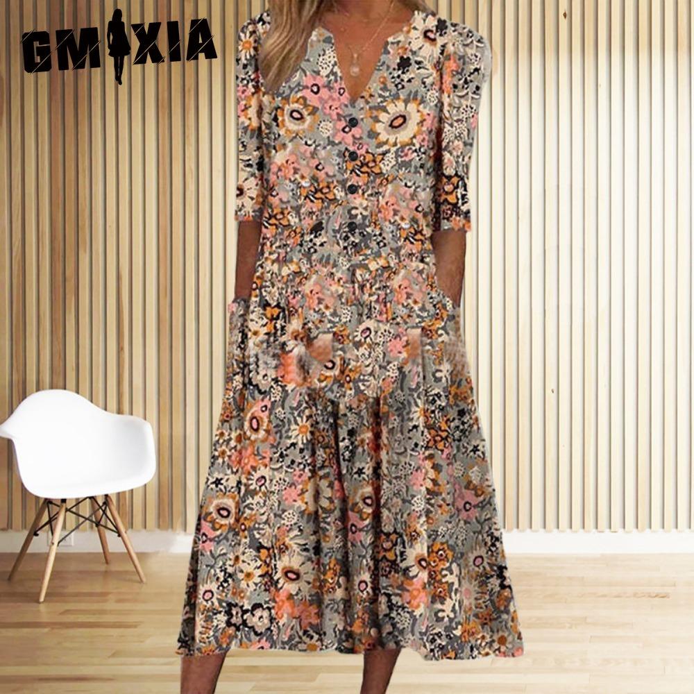 

GMXIA Элегантные женские платья V-образный вырез короткий рукав пуговицы платье для вечеринки женское летнее винтажное платье с принтом повседневное свободное цветочное женское платье L
