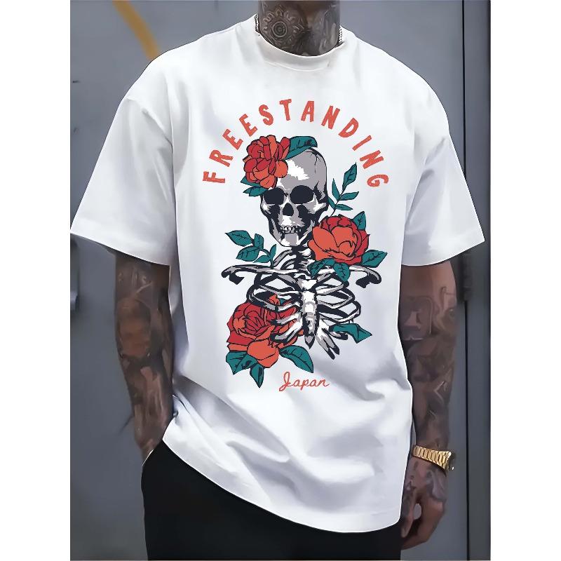 

European sizes Men s White T - shirt: Floral Rebirth: Skeleton & Roses Graphic Tee 4XL білий
