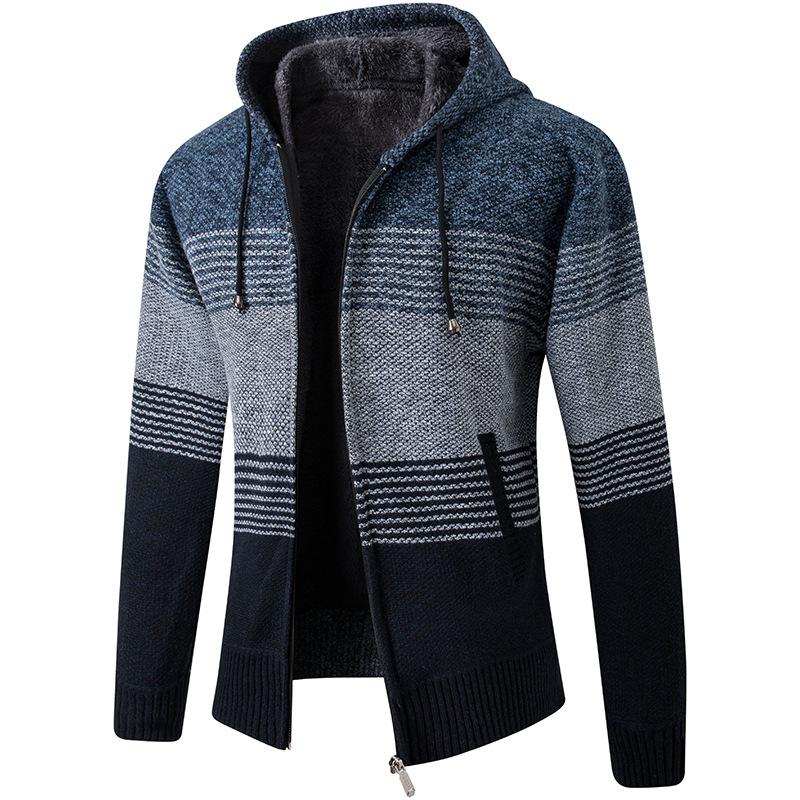 Men's Autumn Winter Striped Hooded Zipper Sweater Cardigans - Thick Color-Blocked Warm Knitwear for Casual Wear