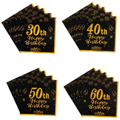 20 uds. 30º 40º 50º 60º Feliz Cumpleaños Servilleta Negro Oro Servilletas de Papel Desechables Adulto 30 Cumpleaños Aniversario decoración de fiesta