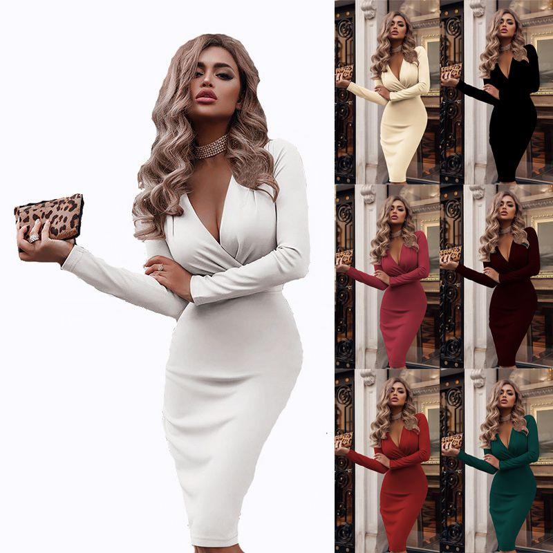 Neck Women V Long Sleeve Bodycon Sexy Dress Ladies Casual Evening Clubwear Party