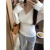 Kumikumi Basic Style Minimalist V Neck Long Sleeves T-shirt Women Fall Younger Slim-Fit Slim Looking Inner Bottoming Shirt Tops
