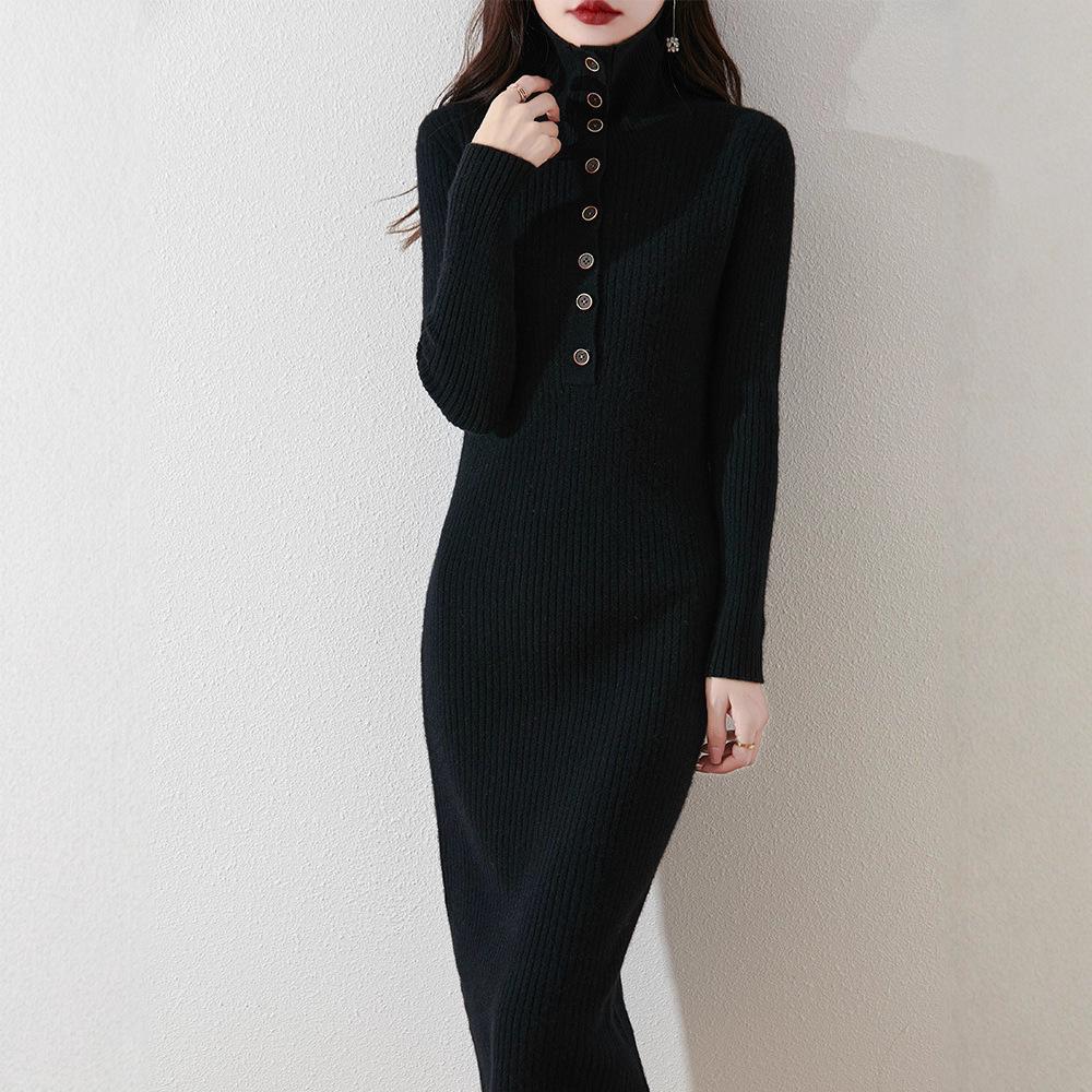 Elegant stacked collar knitted primer dress for women's autumn and winter new long over-the-knee sweater skirt for women