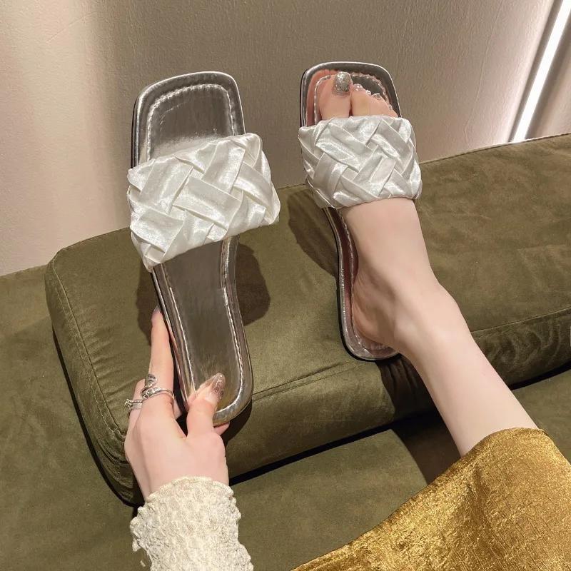 Fashion Summer Satin Flat Women's Slippers Casual Fabric Shallow Mouth Non-Slip Wear-Resistant Fashion Outdoor Sandals Zapatillas Mujer