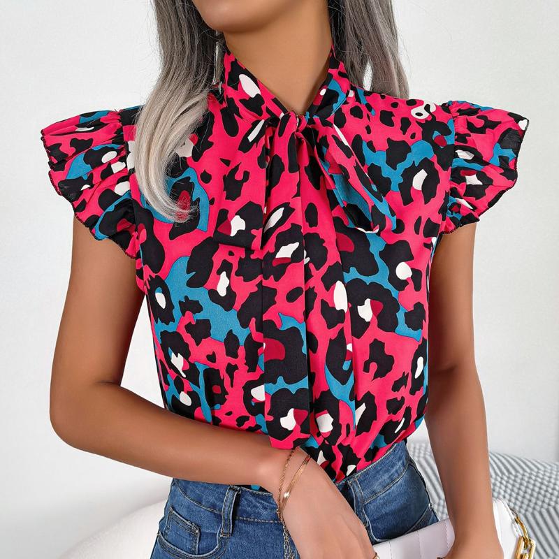 Summer Sleeveless Shirt Casual Fashion Leopard Print Blouse Sweet Lace-up Bow Collar Chiffon Tops Women Loose Clothes 28622