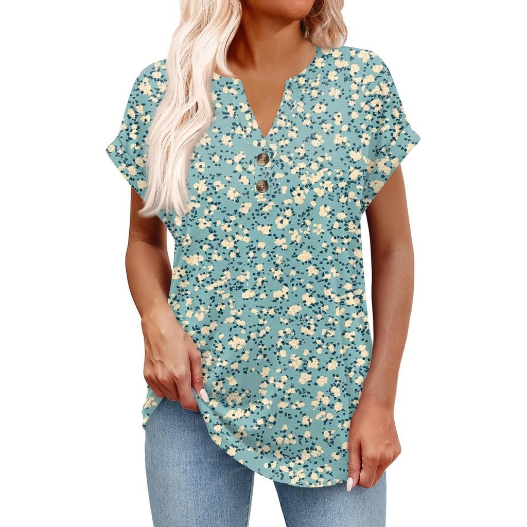 Dámský módní ležérní krátkorukávový svetr s výstřihem do V, na knoflíky, s potiskem