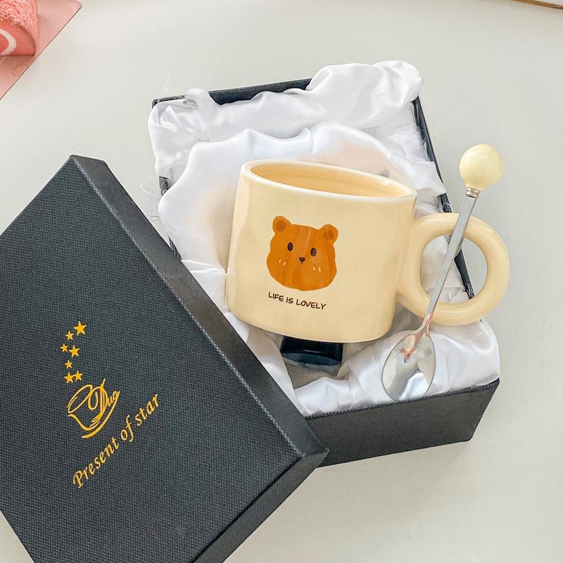 Cute milk fufu bear cup with spoon niche design couple ceramic mug appearance value home breakfast coffee cup