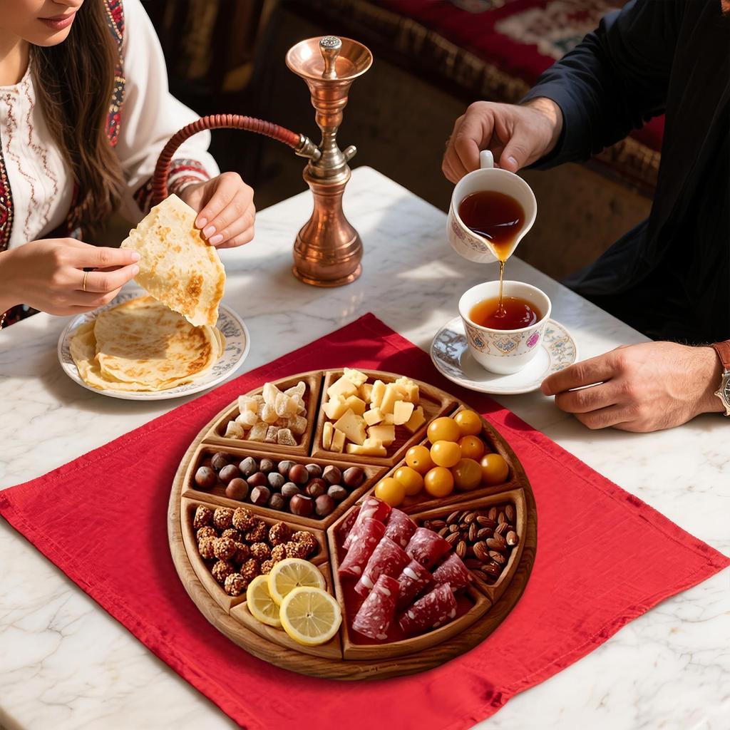 Round Food Serving Plate Large Serving Tray with 8 Removable Compartments Wooden Platter Charcuterie Board Snack Deseert Tray
