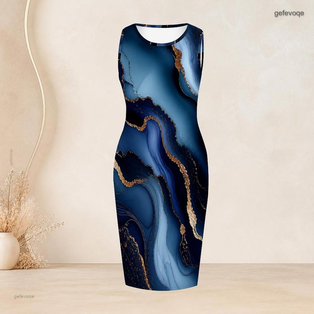 Women Plus Size Two Piece Set Blue Printed Long Sleeve Draped Cardigan Sleeveless Bodycon Dress