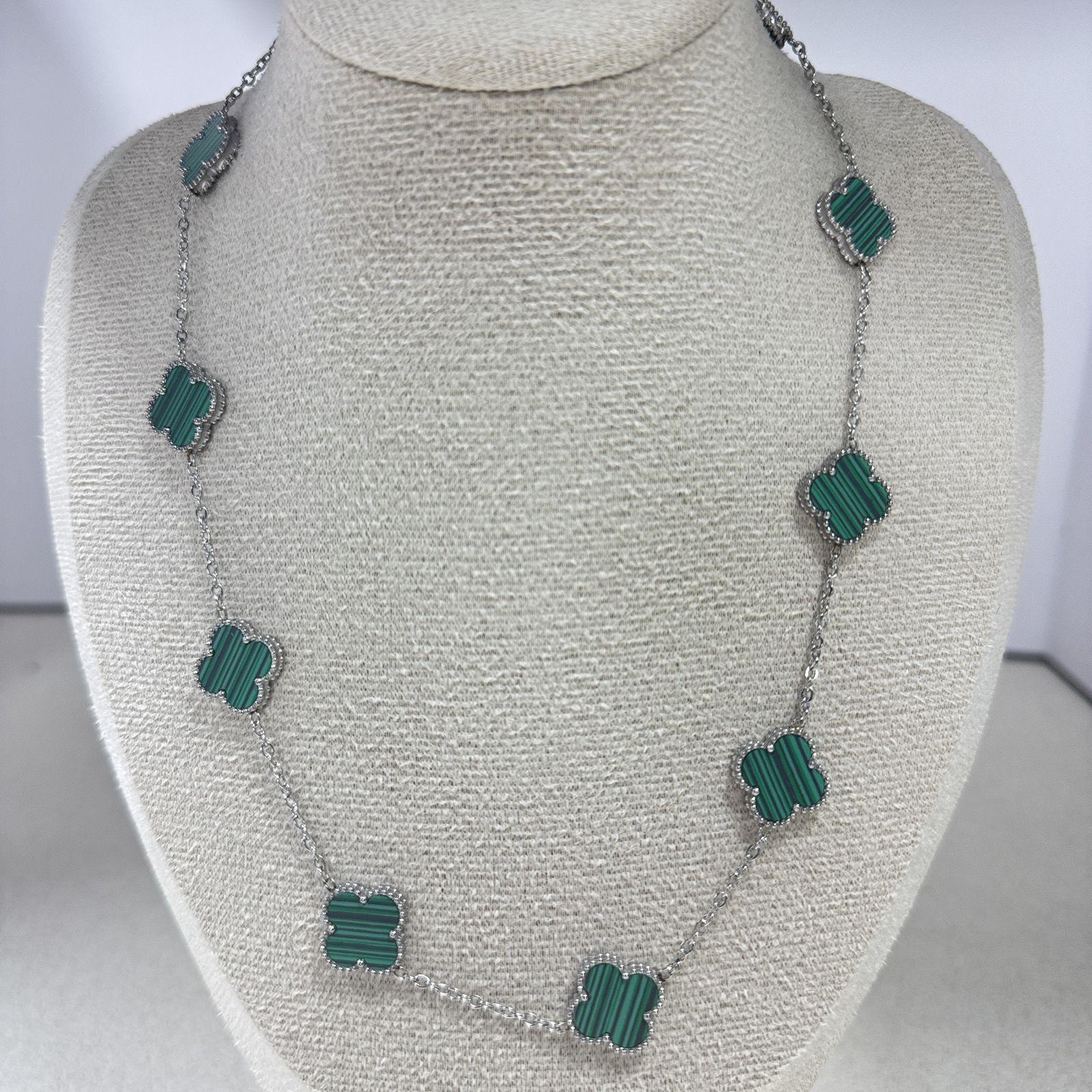 

New Arrival15mm Four-leaf Clover Necklace 10 Flower Clavicle Chain Non-fading Fashionelegant Necklace steel green 15mm