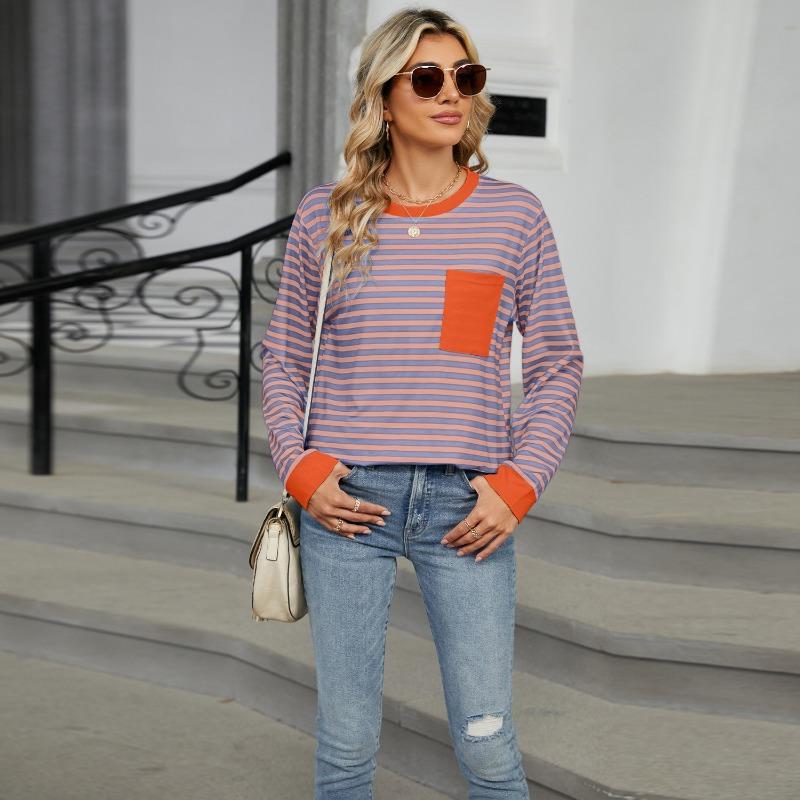 Autumn and Winter Round Neck Contrasting Loose Top Long Sleeved T-shirt