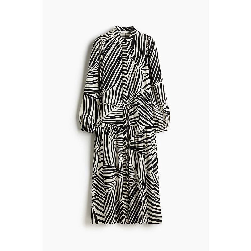 

HM Women s Clothing Dress 2025 Autumn New Arrival Chinese Collar Print Puff Sleeves Ocean Print Dress 1272213 Black/Zebra 155/76