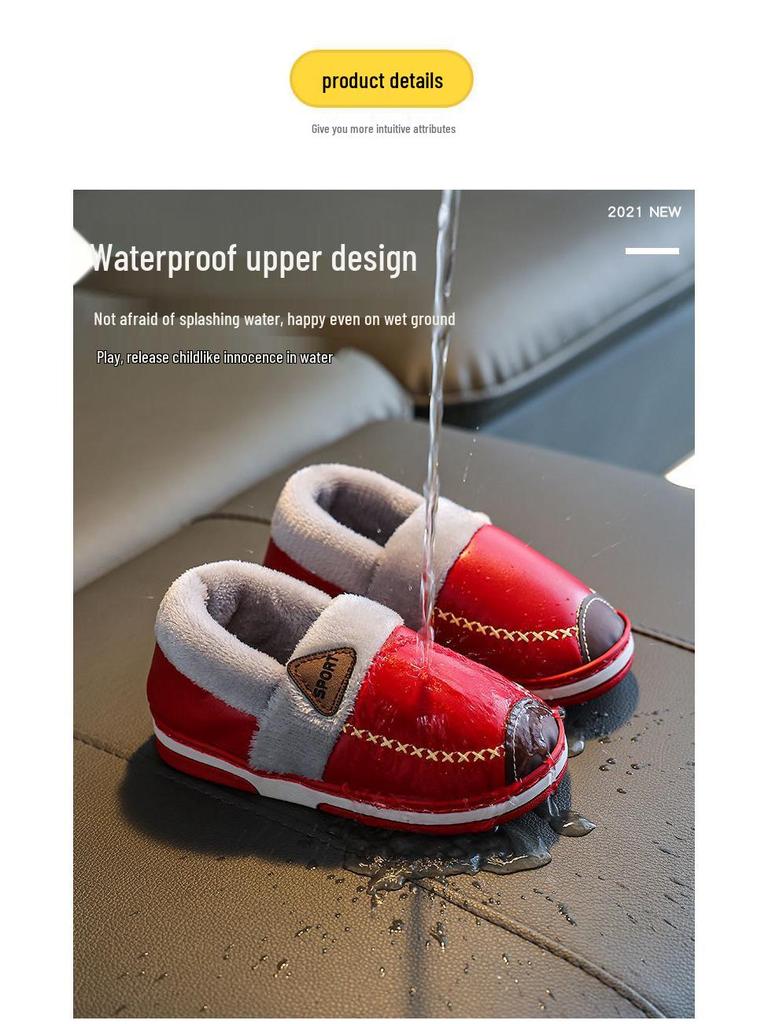 Waterproof Non-Slip Winter Warm Cotton Slippers with Velvet & PU Leather for Men, Women, & Kids