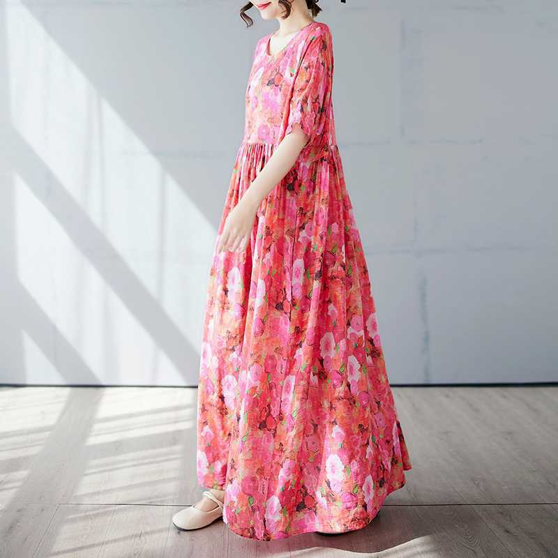 Simple and Fashionable Long Skirt Summer Short Sleeved Round Neck Printed Dress