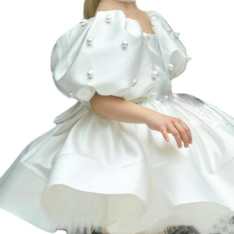 Children's Fashion Show Evening Gown, White Fluffy Silk Princess Dress, Small Host Performance Costume