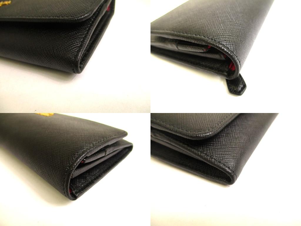 Authentic PRADA Saffiano Black Hibiscus Leather Bifold Long Flap Wallet #a886  Refurbished