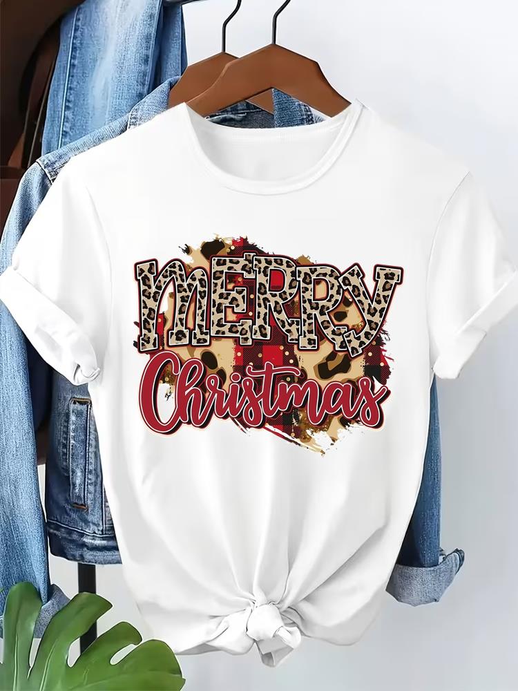(Asian Size) letter style  Short Sleeve T-shirts  Merry Christmas Women's Top O-neck T Shirt Print  Fashion Casual New Year Clothing Graphic Tee